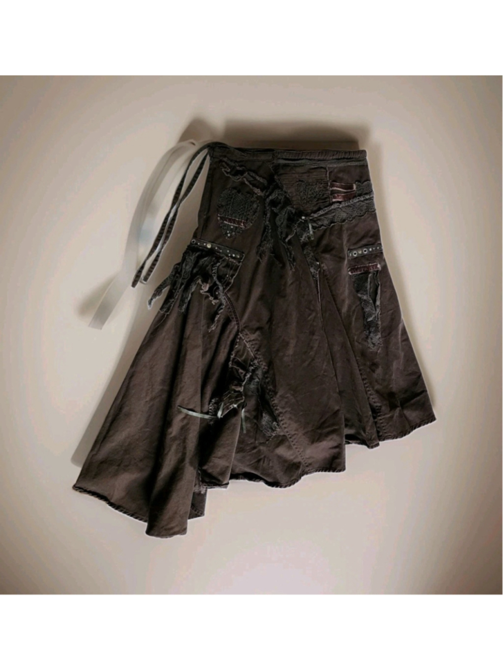Spirit Vintage Y2K Brown Whimsigoth Fairy Grunge Asymmetric Patchwork Midi Skirt - Picture 1 of 16